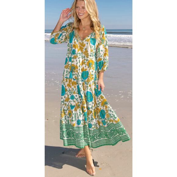 Natural Life Dresses & Skirts - NATURAL LIFE Auguste Cream Green Border 100% Cotton Boho Maxi Dress Sz M